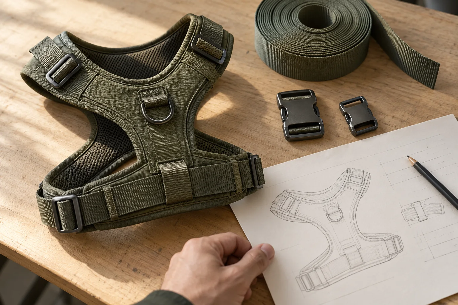 Illustrative dog gear quotation brief with product references and material samples