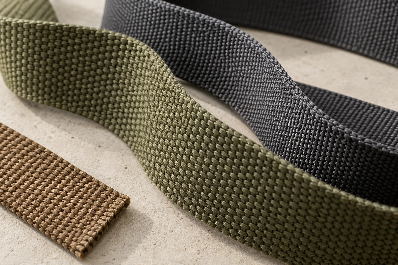 Illustrative close-up of olive, charcoal and tan woven webbing showing different textures