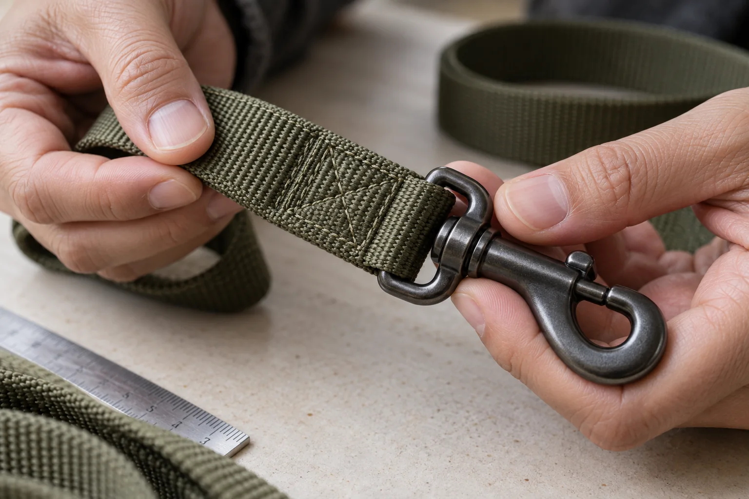 Illustrative close-up of hands checking the stitching and snap-hook attachment of an olive webbing leash