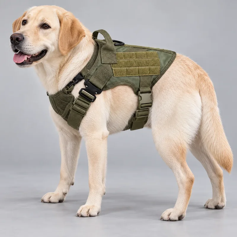 Olive Tactical Vest Dog Harness — on-pet product visualization