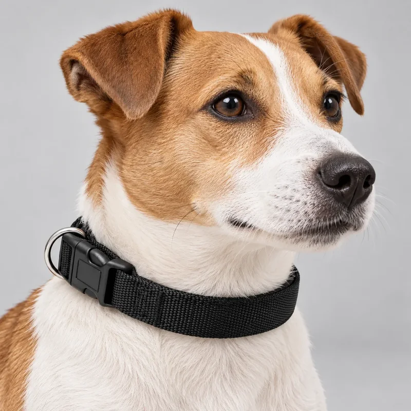 Padded Black Nylon Dog Collar — on-pet product visualization
