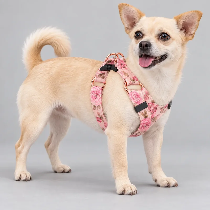 Pink Floral Y Harness — on-pet product visualization
