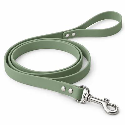 Sage green coated leash with a loop handle and silver swivel snap hook — AI-generated design reference