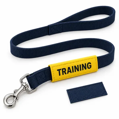 Navy leash with a yellow TRAINING sleeve and a separate woven label — AI-generated design reference